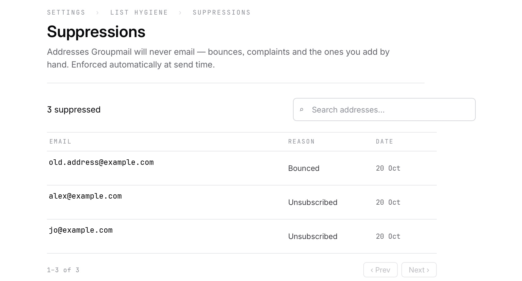 Settings, List hygiene, Suppressions listing three addresses with the reasons Bounced and Unsubscribed.