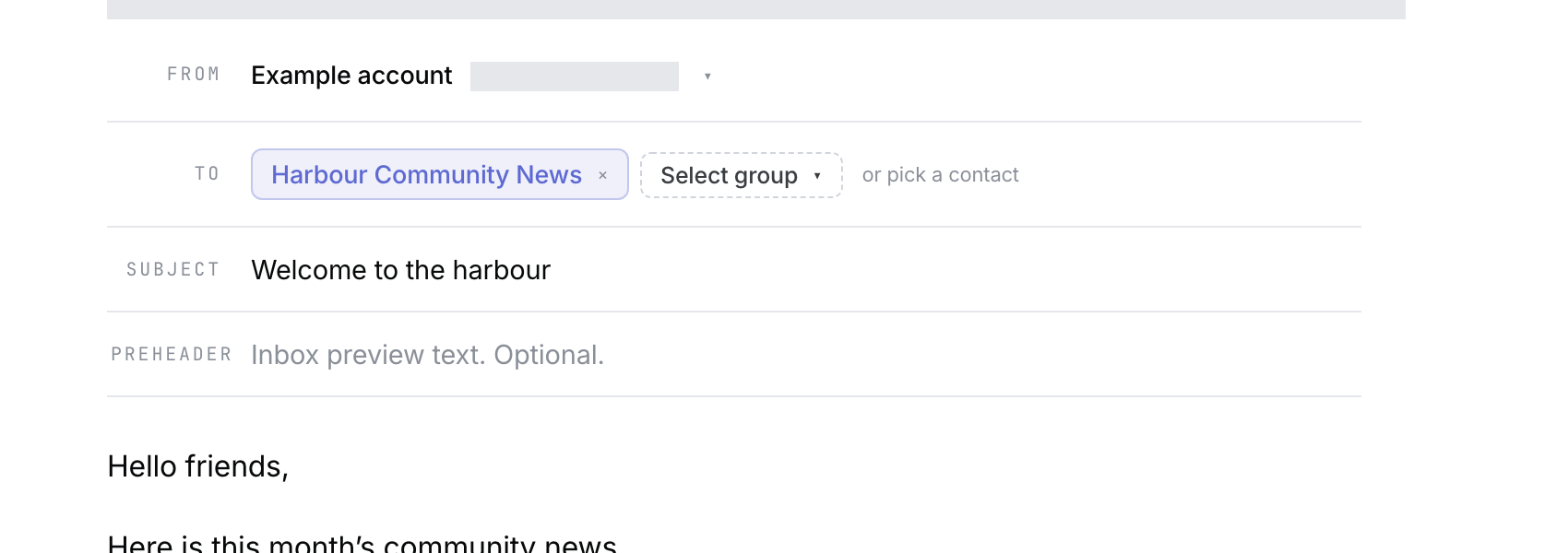 The Compose envelope shows a fictional sender, selected group, subject and preheader.