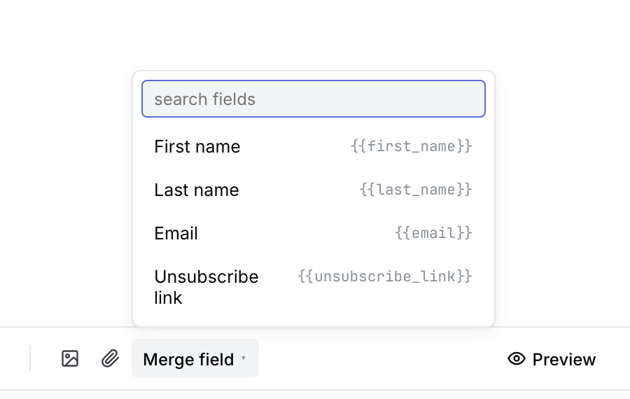 The Compose Merge field menu showing built-in field choices beside the editor toolbar.
