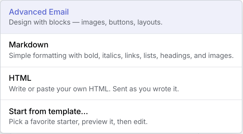 The Write menu lists Advanced Email, Markdown, HTML and Start from template.