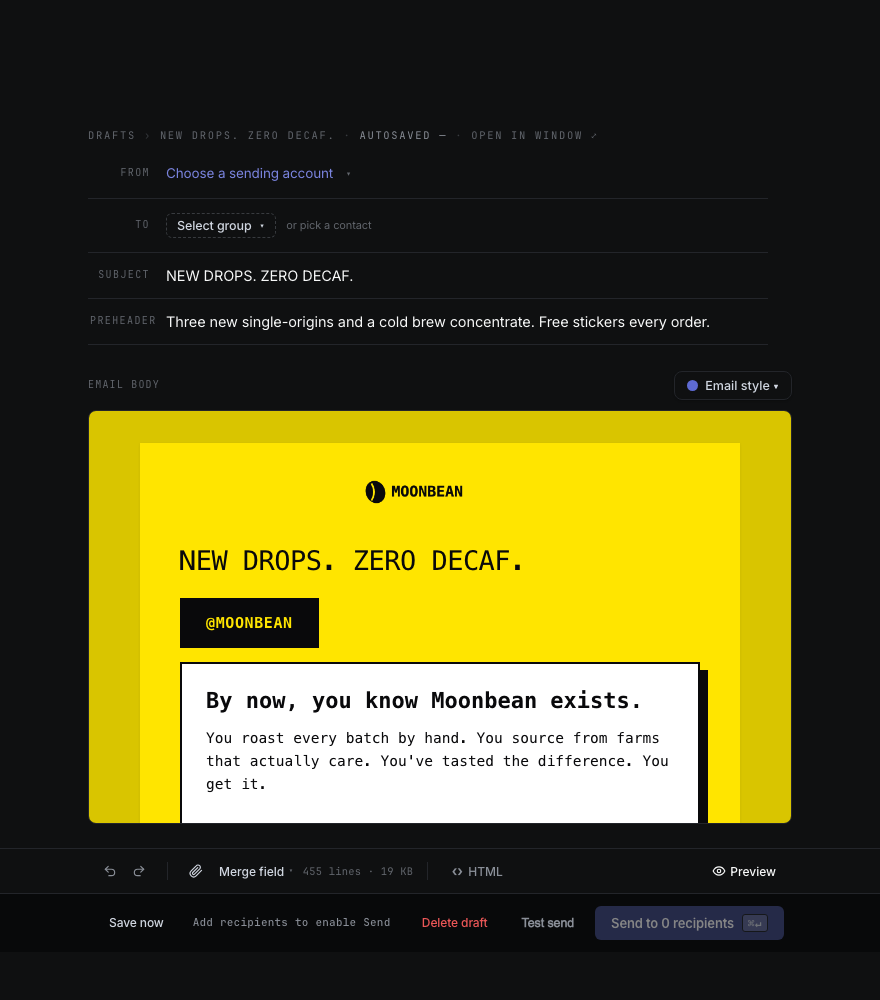 The Advanced Email editor in Groupmail 7 with a designed email built from blocks, dark theme