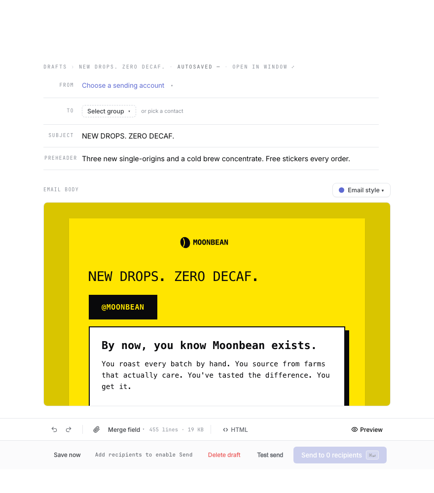 The Advanced Email editor in Groupmail 7 with a designed email built from blocks, light theme