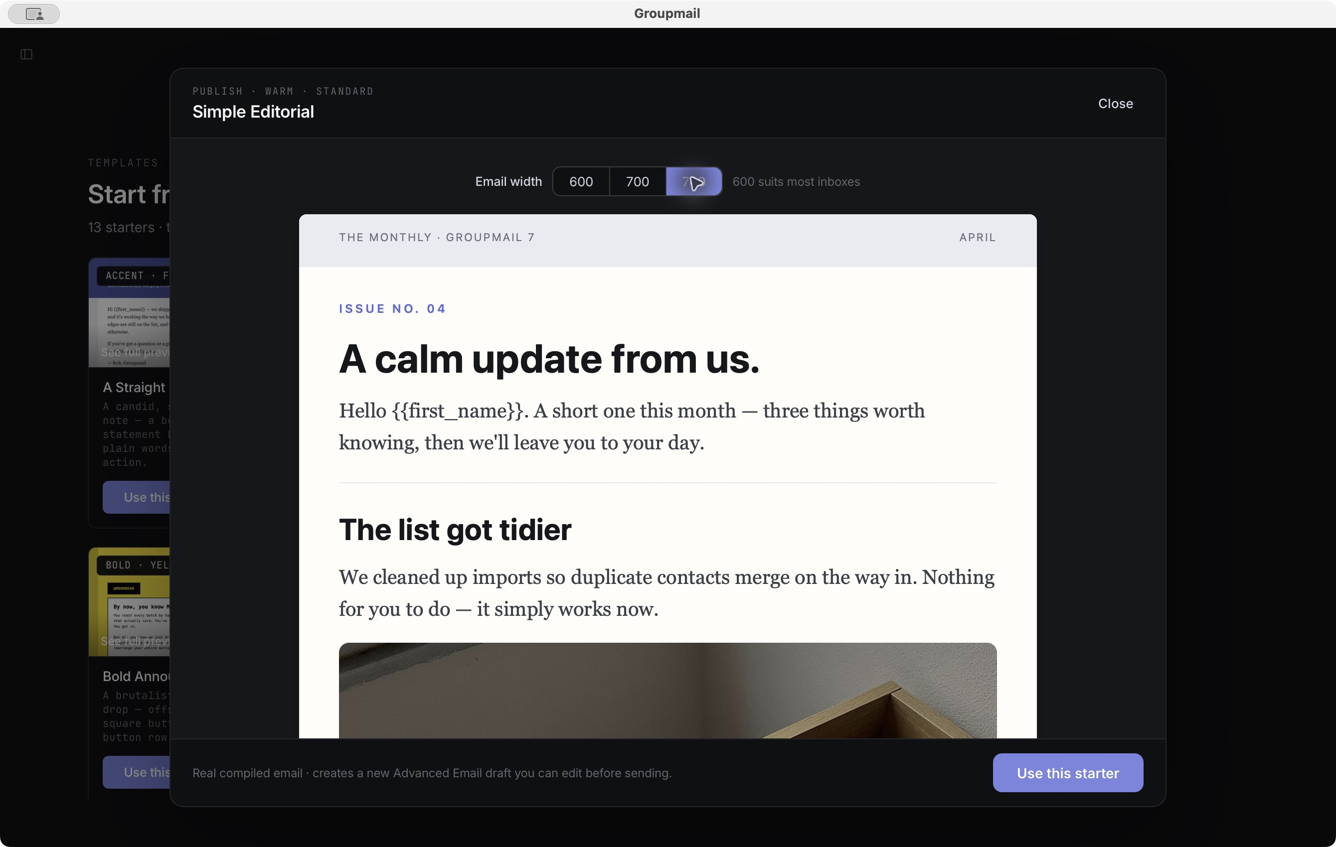 The Simple Editorial starter with the email width set to 740 pixels, dark theme