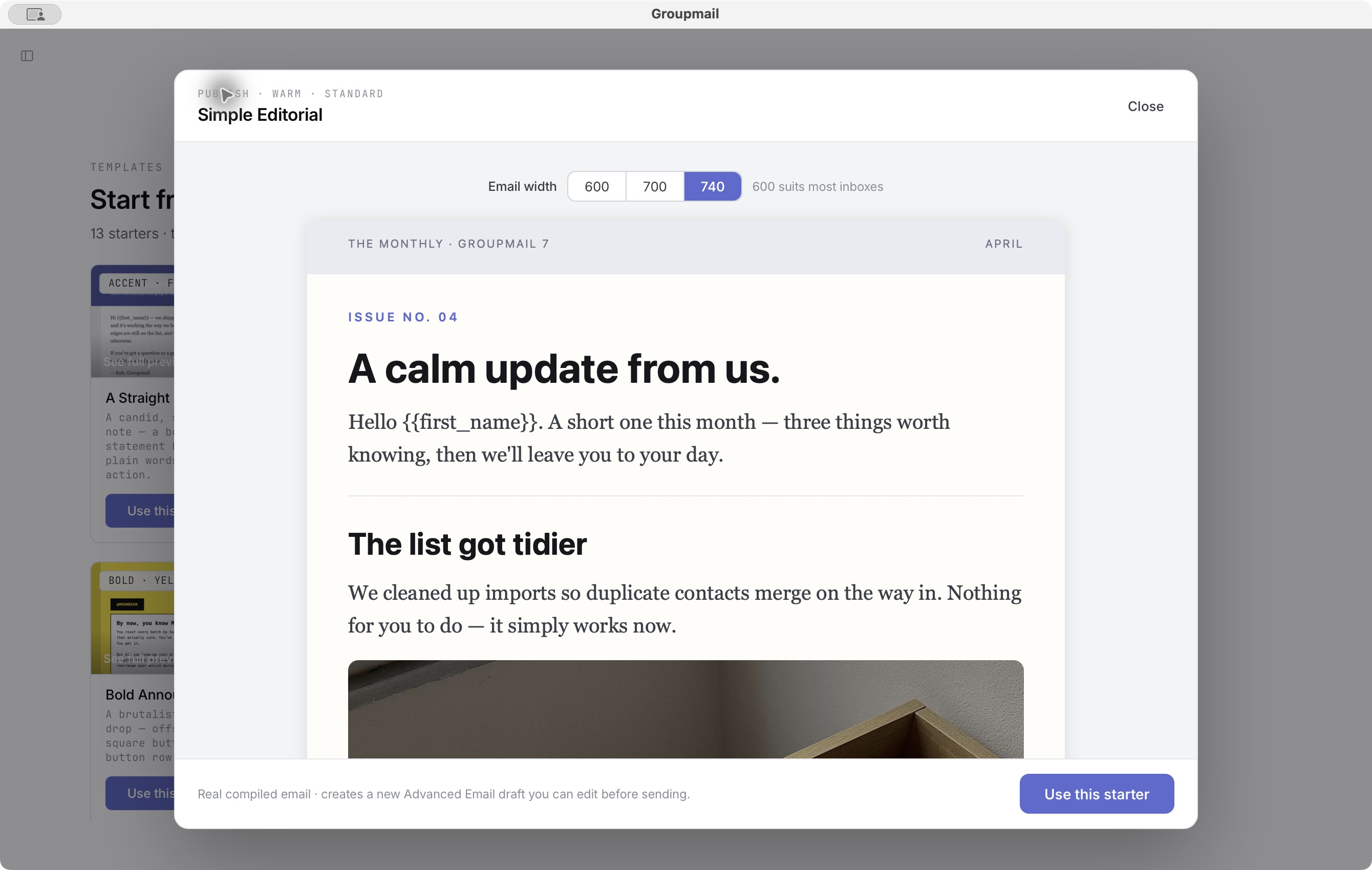 The Simple Editorial starter with the email width set to 740 pixels, light theme