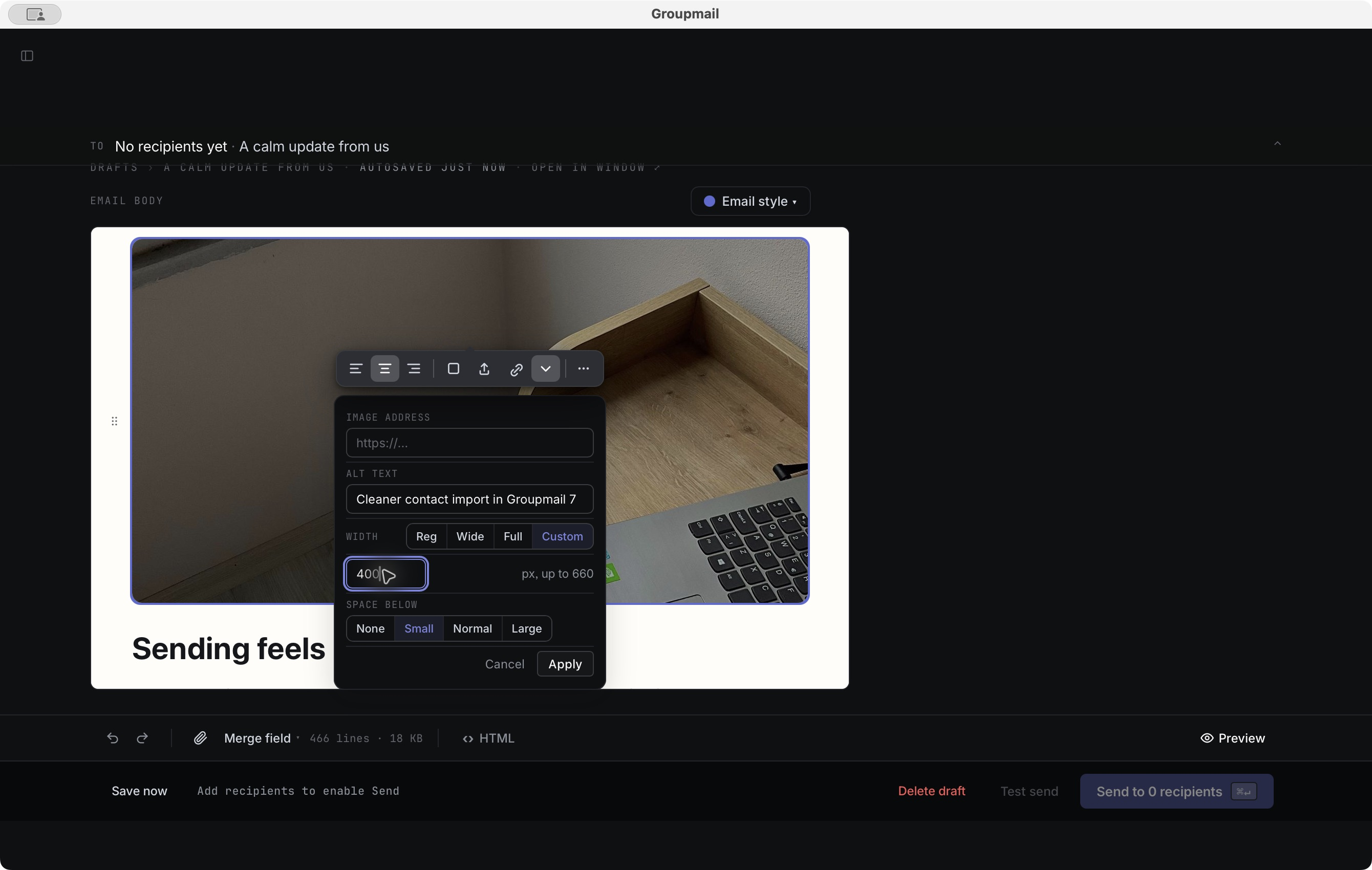 A selected picture with width and space-below controls in Advanced Email, dark theme