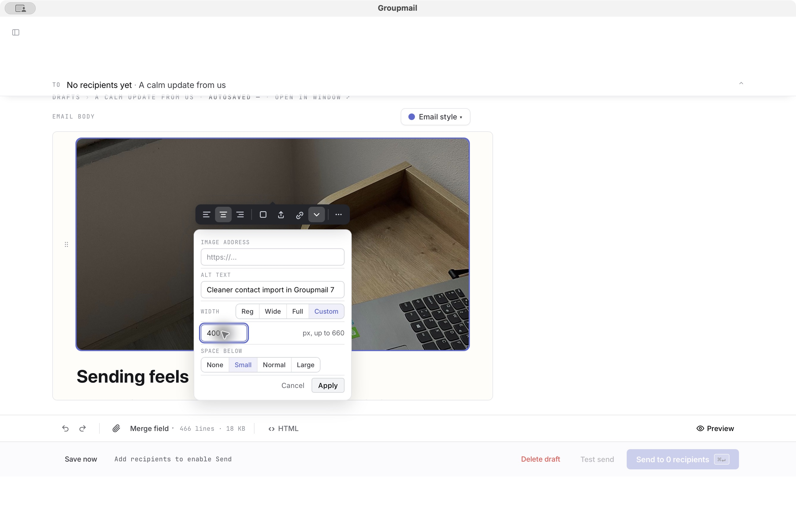 A selected picture with width and space-below controls in Advanced Email, light theme